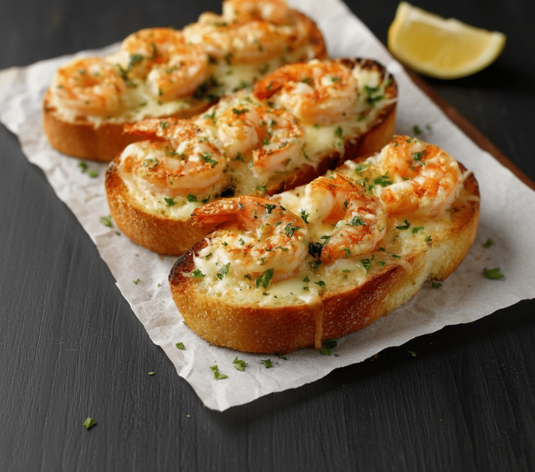Pain à l’Ail au Fromage et Crevettes Grillées. FACILE