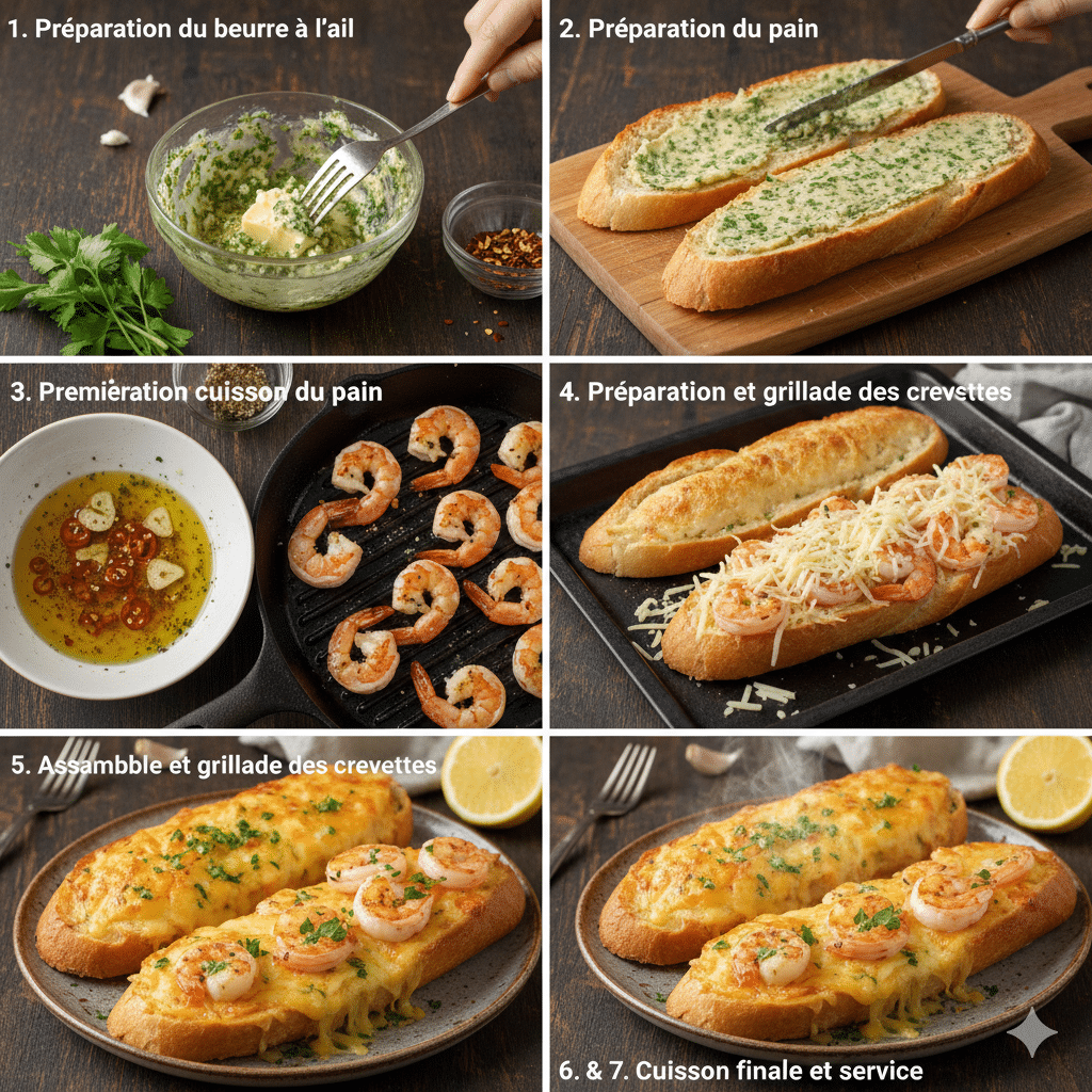 Pain à l’Ail au Fromage et Crevettes Grillées. RECETTE FACILE