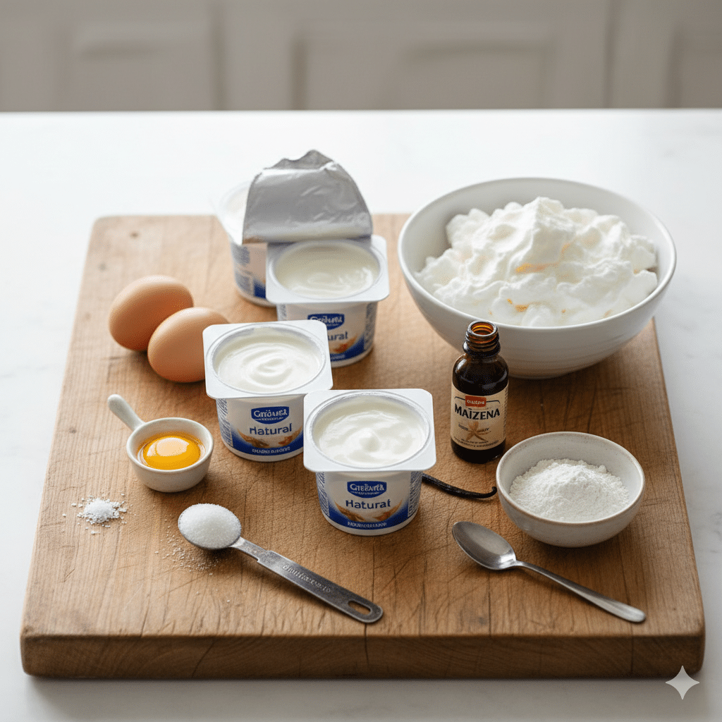 La Liste des Ingrédients :Gâteau Crémeux avec 3 Yaourts et 2 Œufs Un Délice Simple