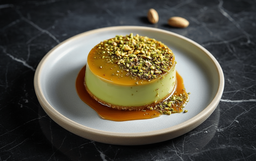 Flan Pâtissier à la Pistache Un flan rond à la pistache de couleur vert pastel, nappé d'un sirop de caramel brillant et recouvert d'éclats de pistaches grillées sur une assiette minimaliste.