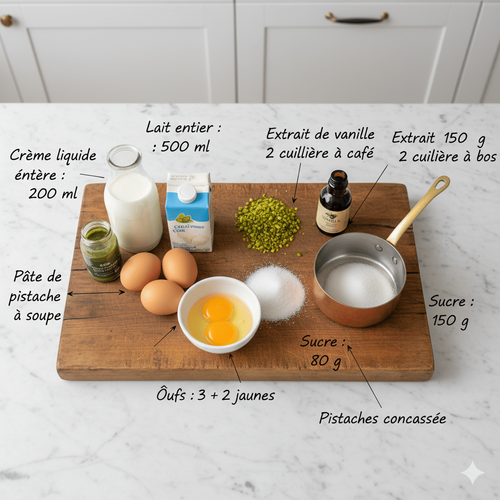 Une photographie culinaire en gros plan montrant un entremets type flan ou panna cotta à la pistache. Le dessert possède une texture lisse et une couleur vert pastel, contrastant avec un caramel brun brillant qui coule sur les côtés. Le sommet est recouvert d'éclats de pistaches grillées pour apporter du croquant. L'éclairage est doux, mettant en valeur les textures crémeuses et sirupeuses.