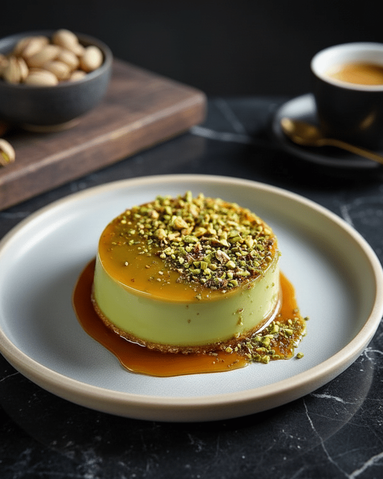 Flan Pâtissier à la Pistache Flan à la pistache de forme circulaire, nappé d'un caramel liquide brillant et parsemé de pistaches concassées sur une assiette minimaliste.