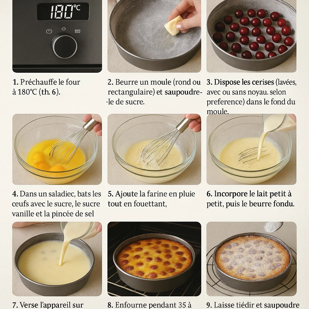 clafoutis-aux-cerises-recette-1 Clafoutis aux cerises doré au four, garni de cerises juteuses et saupoudré de sucre glace