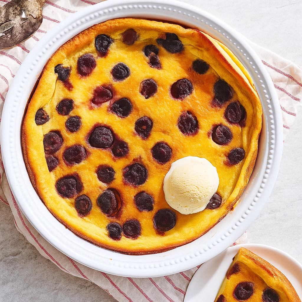 clafoutis-aux-cerises-recette-3 Clafoutis aux cerises dans un plat en céramique, tout juste sorti du four