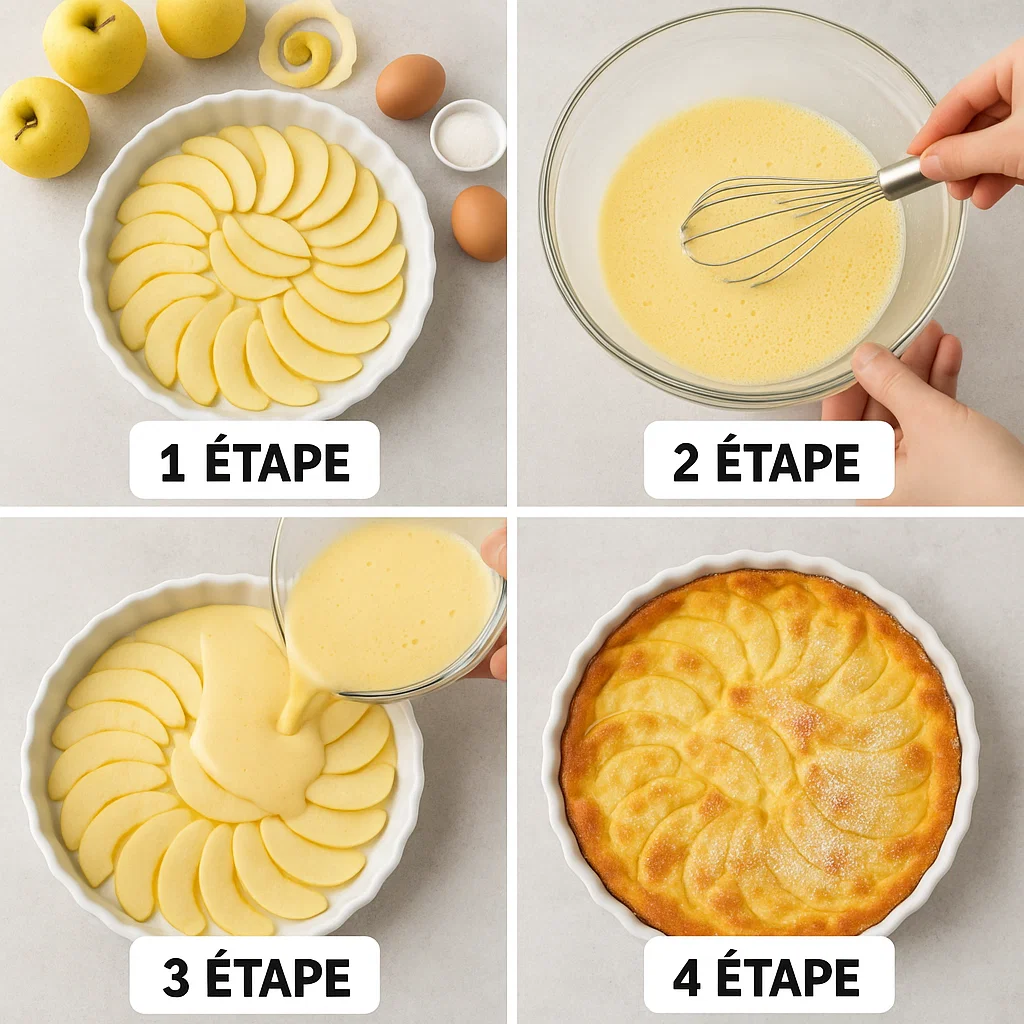 clafoutis-express-a-la-pomme-2 Clafoutis aux pommes maison dans un plat en grès, avec une croûte dorée et des tranches de pommes disposées en rosace.