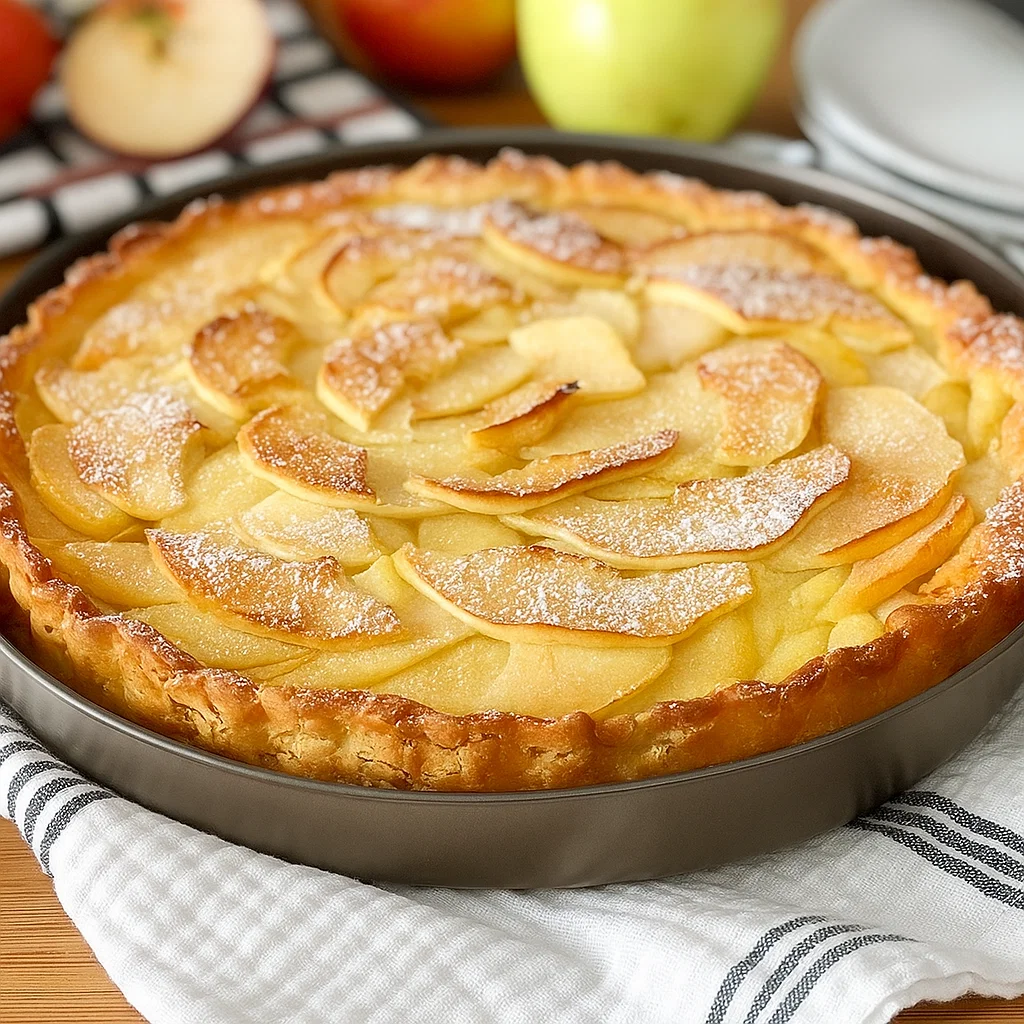 clafoutis-express-a-la-pomme-3 Gros plan sur un Clafoutis express à la pomme encore tiède, montrant sa texture aérienne et ses fruits juteux entremêlés de pâte.