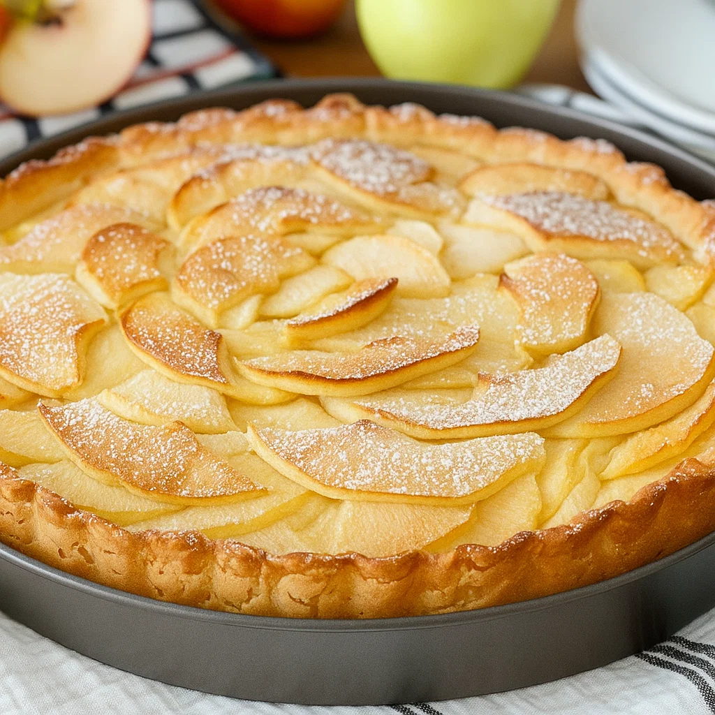 Clafoutis express à la pomme coupé en parts, révélant son cœur tendre et ses généreuses tranches de fruits, prêt à être servi.