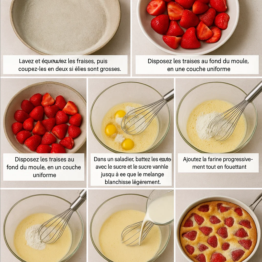 clafoutis-leger-aux-fraises-1 Pâte à clafoutis versée sur des fraises fraîches dans un moule beurré