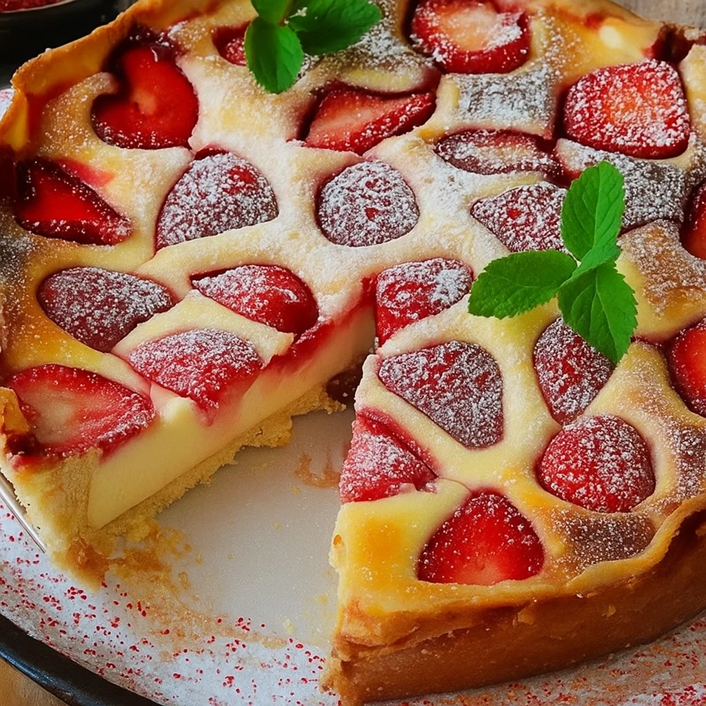 Part de clafoutis léger aux fraises saupoudrée de sucre glace dans une assiette