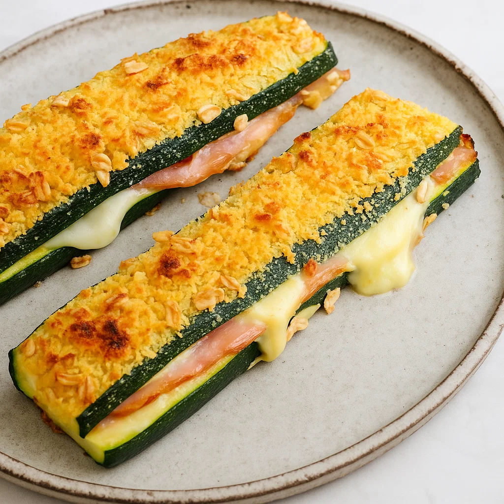 Cordon bleu de courgette croustillant farci au jambon et fromage fondu sur une assiette blanche