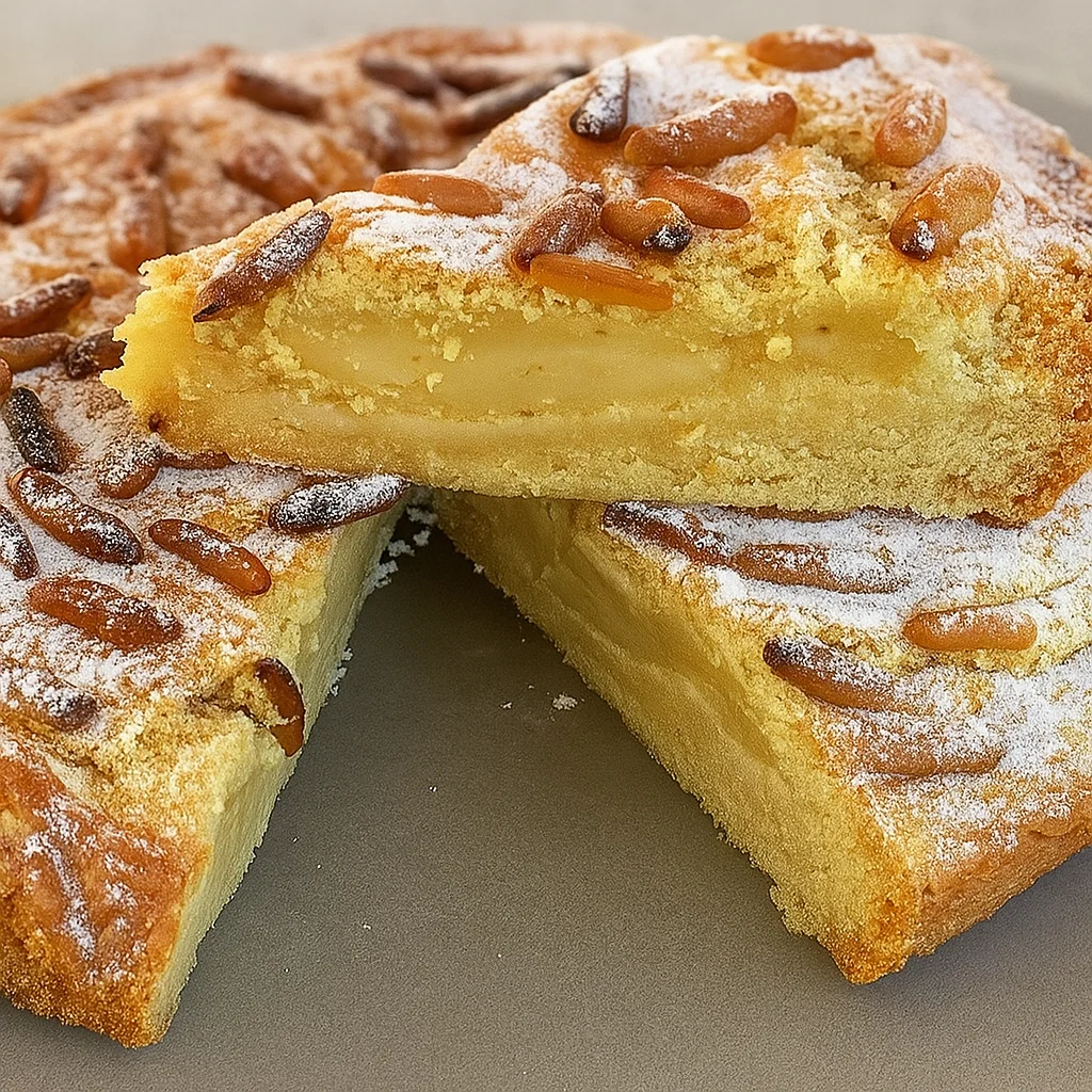 la-tarte-italienne-de-grand-mere-torta-della-nonna-2 Part de la tarte italienne de grand-mère torta della nonna servie dans une assiette avec une fourchette