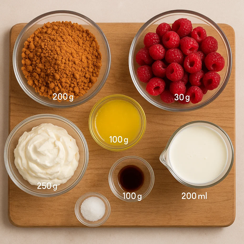 tarte-sans-cuisson-aux-framboises-et-speculoos-1 Tarte sans cuisson aux framboises et spéculoos servie sur une assiette, garnie de fruits frais et crème onctueuse. Tarte sans cuisson aux framboises et spéculoos