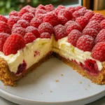 Part de tarte sans cuisson aux framboises et spéculoos présentée avec feuilles de menthe et coulis de fruits rouges. Tarte sans cuisson aux framboises et spéculoos