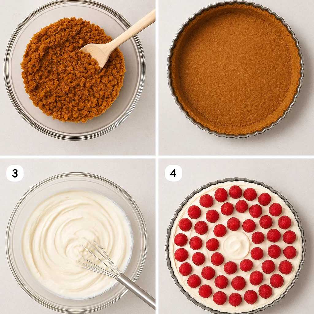 tarte-sans-cuisson-aux-framboises-et-speculoos-3 Tarte entière aux framboises et spéculoos vue de dessus, décorée harmonieusement avec des fruits rouges. Tarte sans cuisson aux framboises et spéculoos