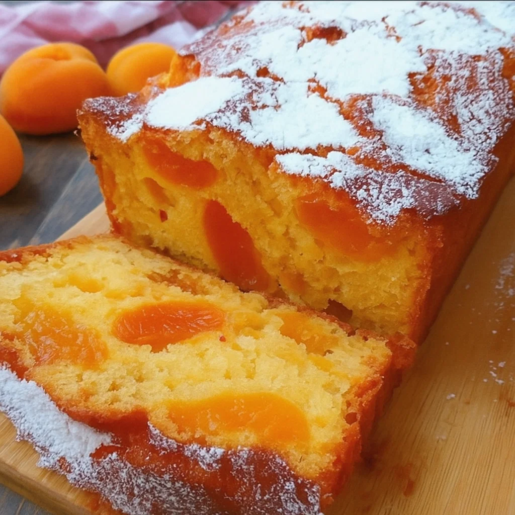 Gros plan sur une tranche de cake au yaourt aux abricots révélant sa texture moelleuse et ses fruits.