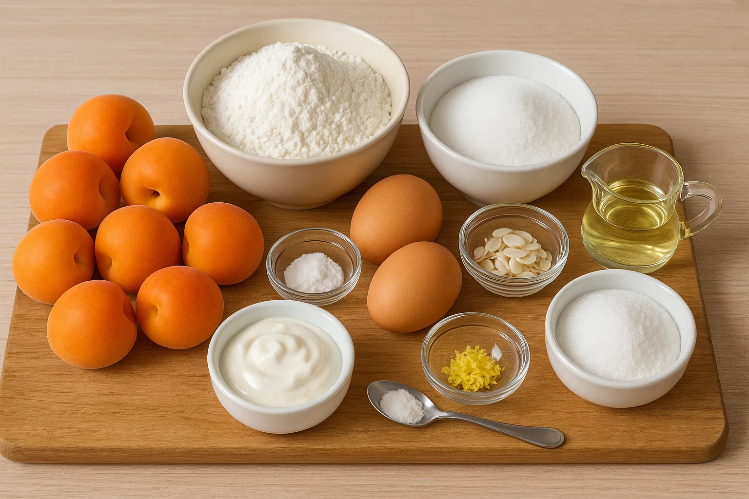 Cake-au-Yaourt-aux-Abricots Ingrédients frais et simples pour le cake au yaourt aux abricots disposés sur une table en bois.