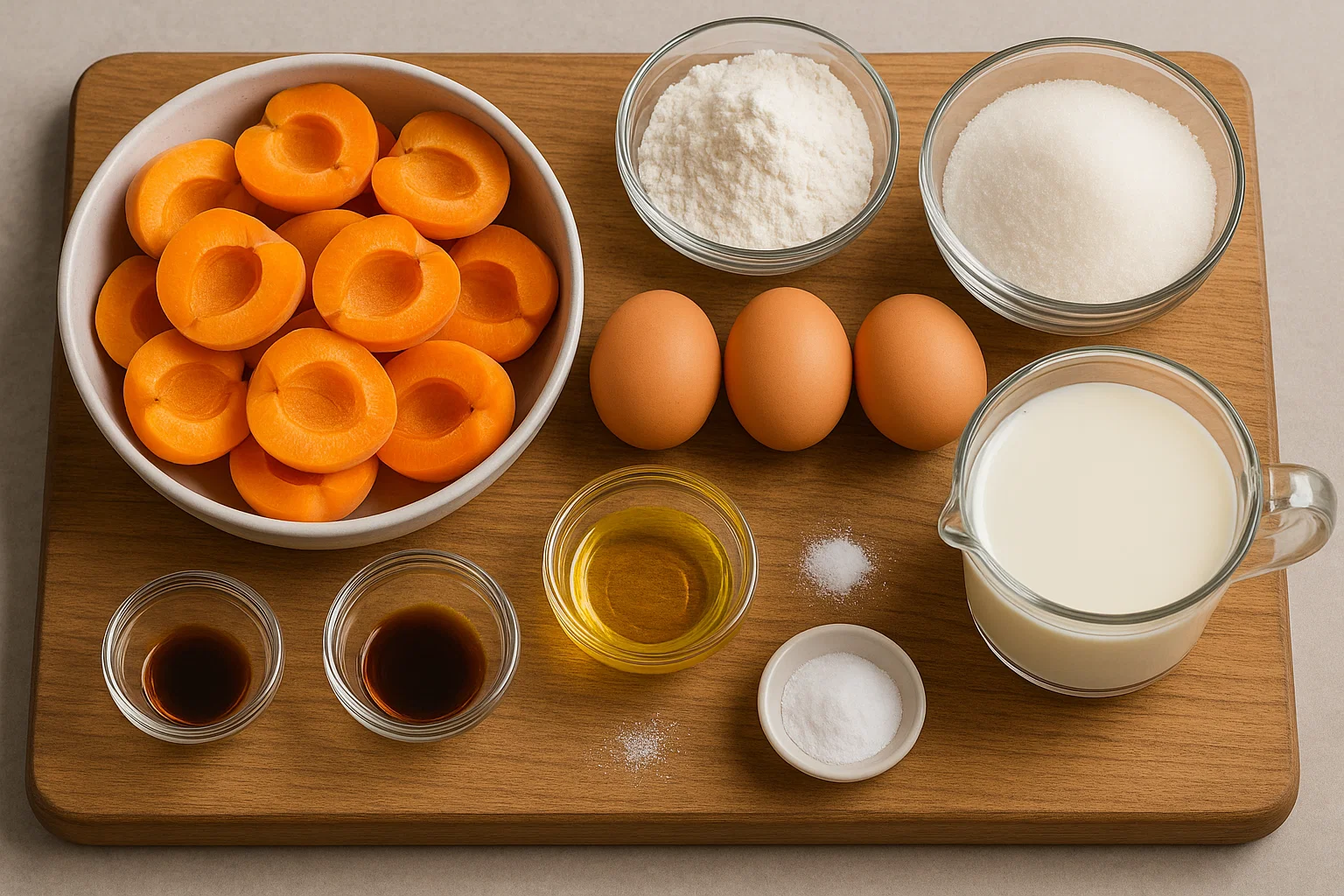 Clafoutis-aux-abricots-1 Ingrédients pour le clafoutis aux abricots disposés sur une surface : abricots frais, farine, sucre, œufs, une bouteille de lait et du beurre.