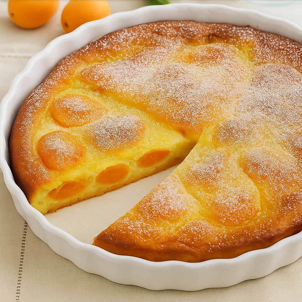 Clafoutis-aux-abricots-2 Pâte à clafoutis liquide versée sur des moitiés d'abricots frais dans un plat de cuisson rond et blanc avant d'enfourner.