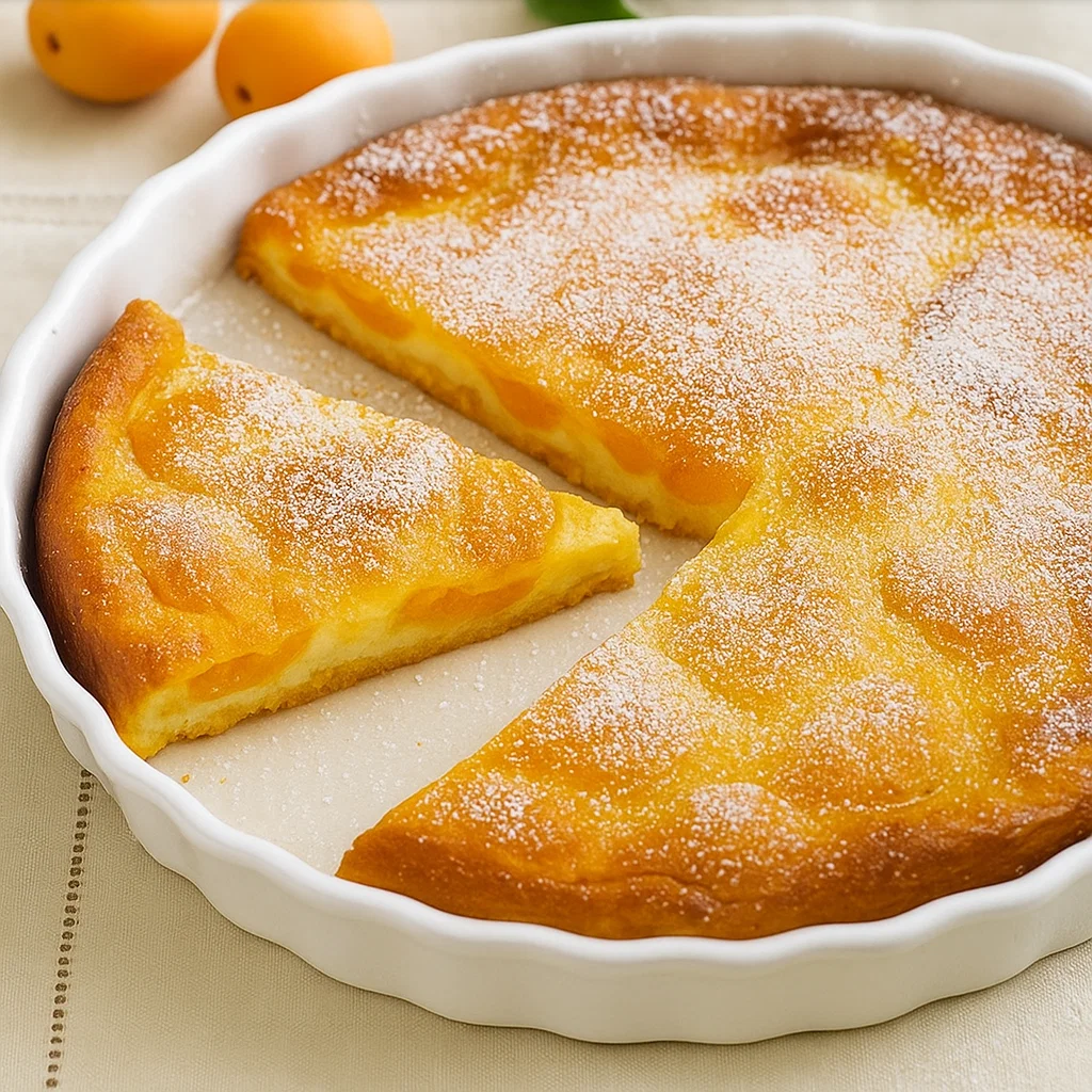 Une part de clafoutis aux abricots servie dans une assiette, avec une fourchette, montrant la texture crémeuse et les morceaux de fruits cuits. clafoutis aux abricots