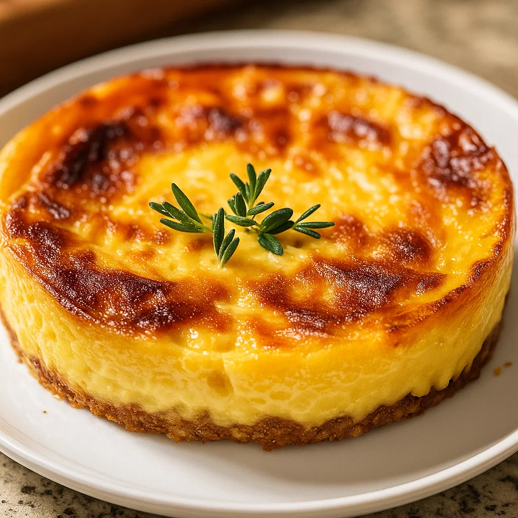 A whole, freshly-baked Flan Provençal with a golden-brown top, with one slice removed to show the creamy egg custard and colorful layers of zucchini and tomato.