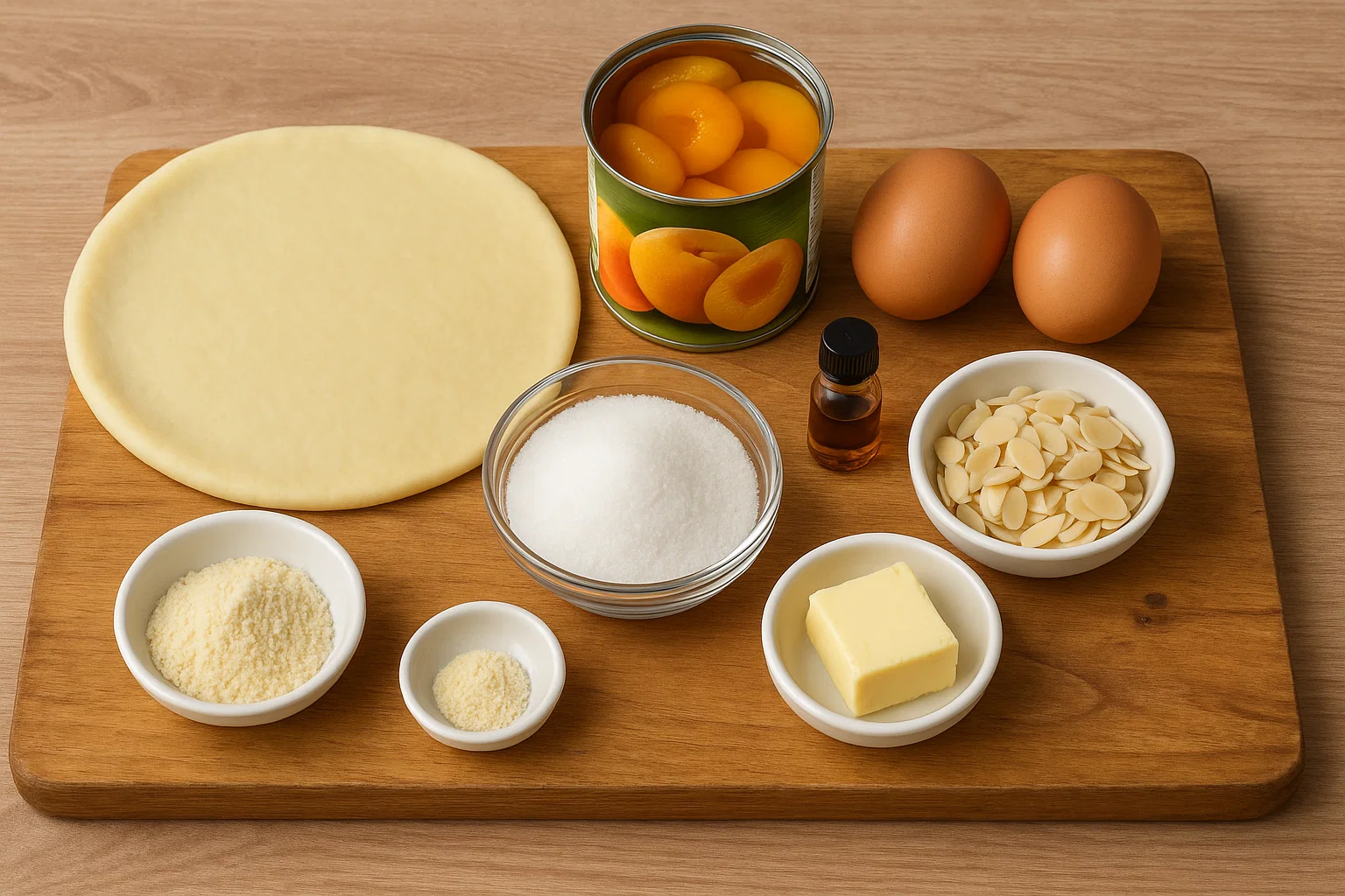 Tarte-Moelleuse-aux-abricots-&-Amandes-1 Ingrédients pour la tarte aux abricots et amandes disposés sur une table : farine, beurre, sucre, œufs, poudre d'amandes et abricots frais.