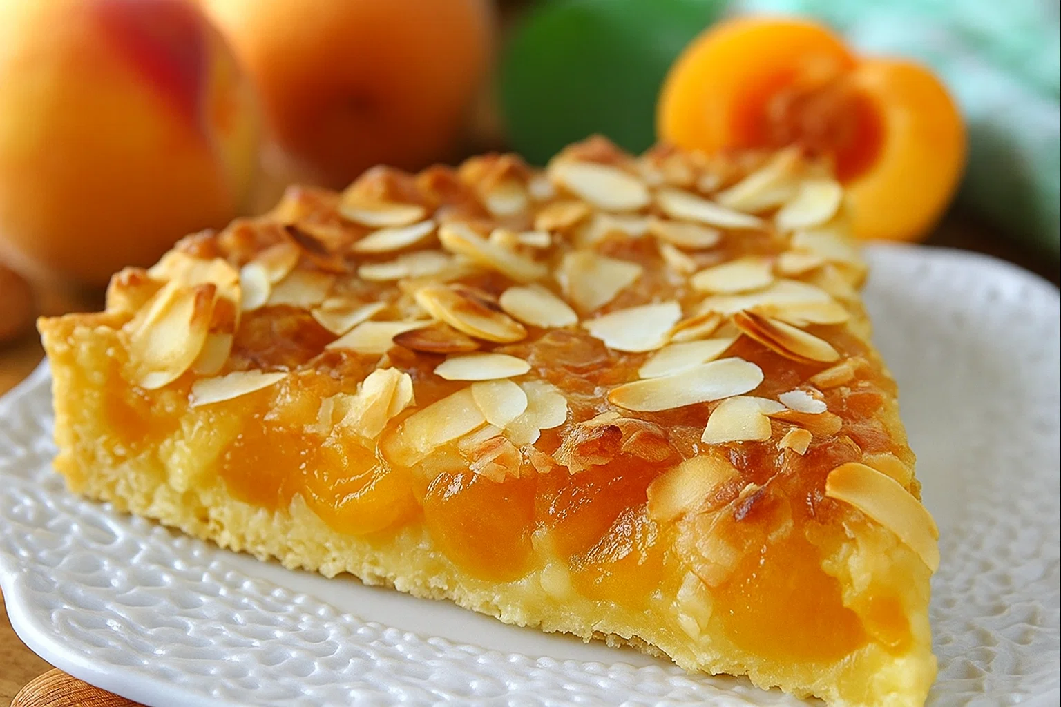 Tarte-Moelleuse-aux-abricots-&-Amandes Tarte moelleuse aux abricots & amandes entière sur un plat de service, dorée et saupoudrée de sucre glace, avec des amandes effilées grillées.