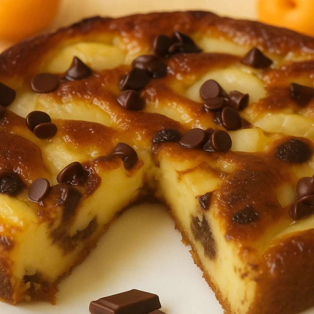 clafoutis-aux-poires-et-au-chocolat-1 Pâte à clafoutis lisse versée sur des tranches de poires et des pépites de chocolat dans un plat à tarte blanc avant la cuisson.