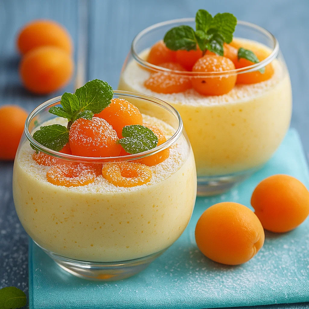 Ingrédients frais pour la recette de la Mousse d’Abricots Facile : abricots mûrs, crème, sucre et citron sur une table.