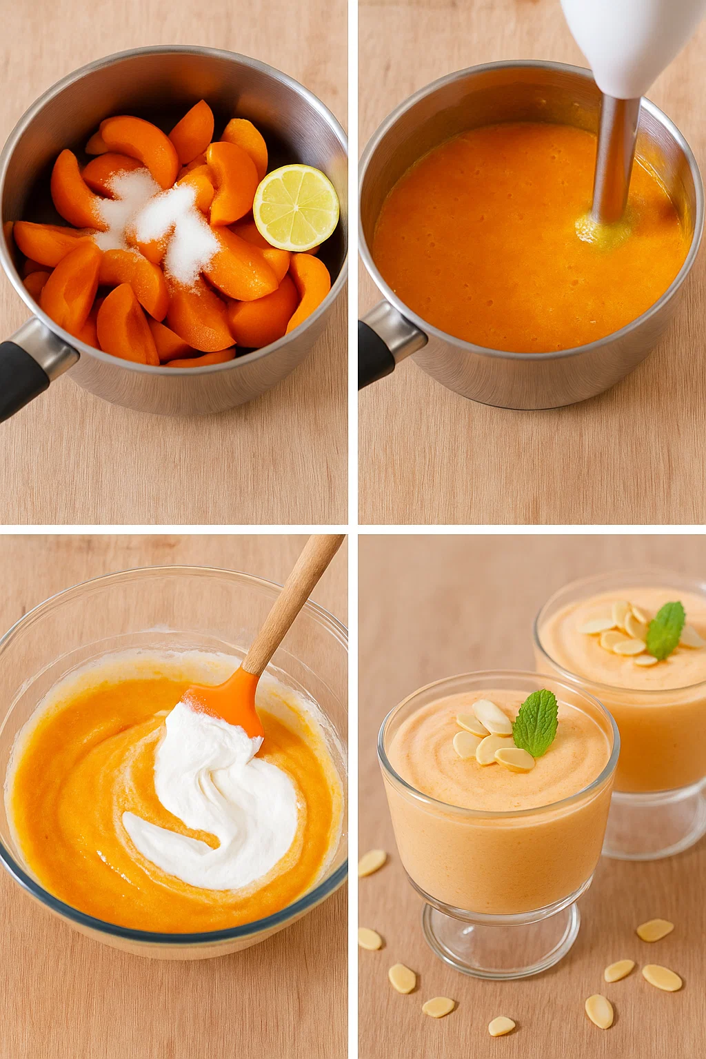 mousse-dabricots-facile-2 Préparation de la Mousse d’Abricots Facile, incorporation délicate de la crème fouettée dans la purée d'abricots à l'aide d'une maryse.