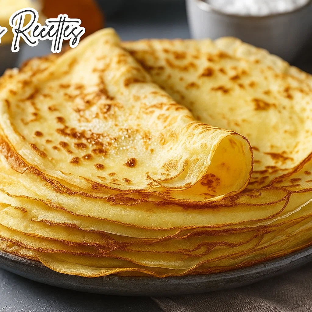 Ingrédients pour la Pâte à Crêpes Sans Repos : farine, œufs, lait, sucre et beurre disposés sur une planche en bois.