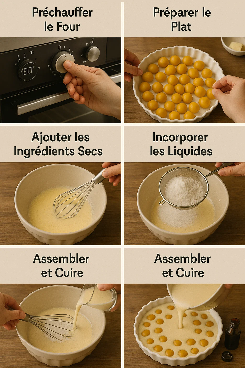 A flat lay of all the key ingredients for a clafoutis, including mirabelle plums, eggs, milk, flour, sugar, and vanilla extract.
