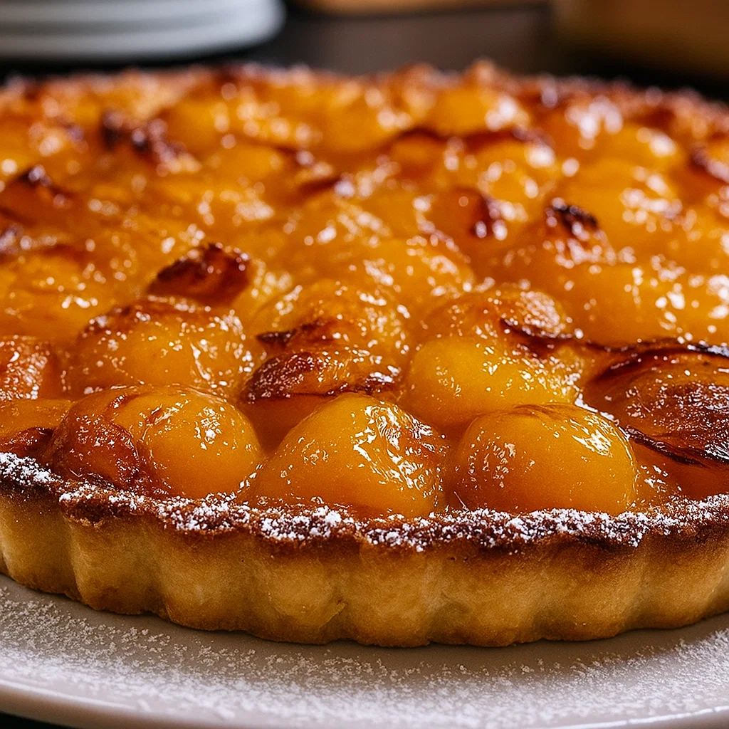 tarte-aux-mirabelles-1 A delicious, rustic Tarte aux Mirabelles with a golden crust and powdered sugar dusting on a white plate.