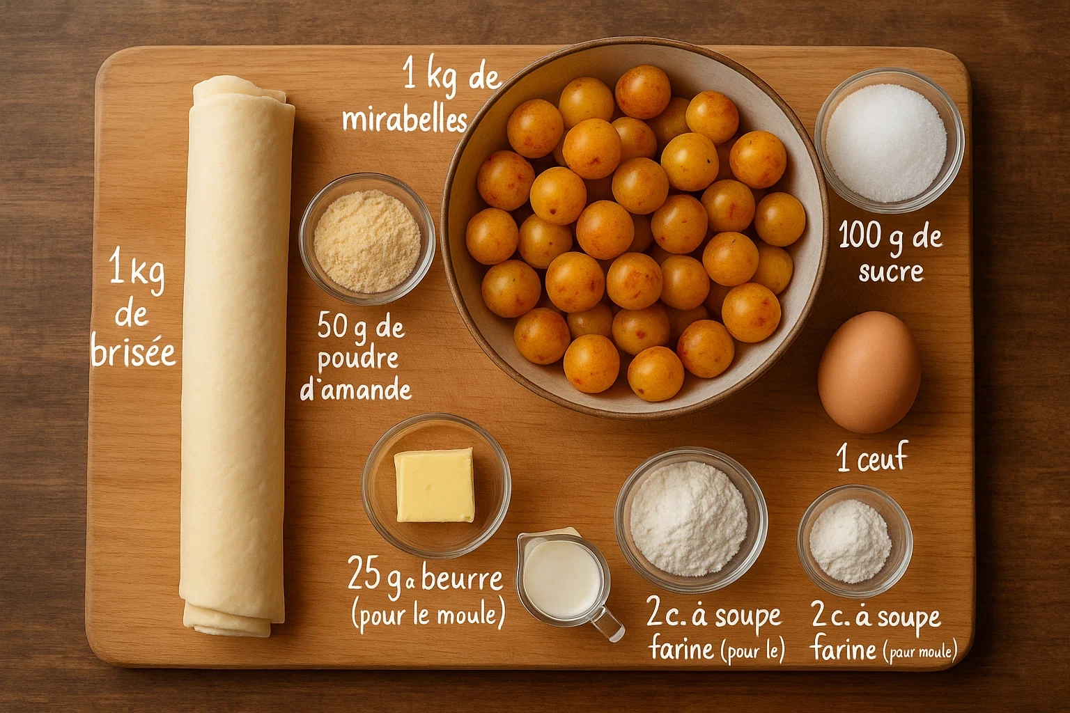 tarte-aux-mirabelles-2 A flat lay photo of ingredients for a Tarte aux Mirabelles, including flour, butter, sugar, and fresh plums.