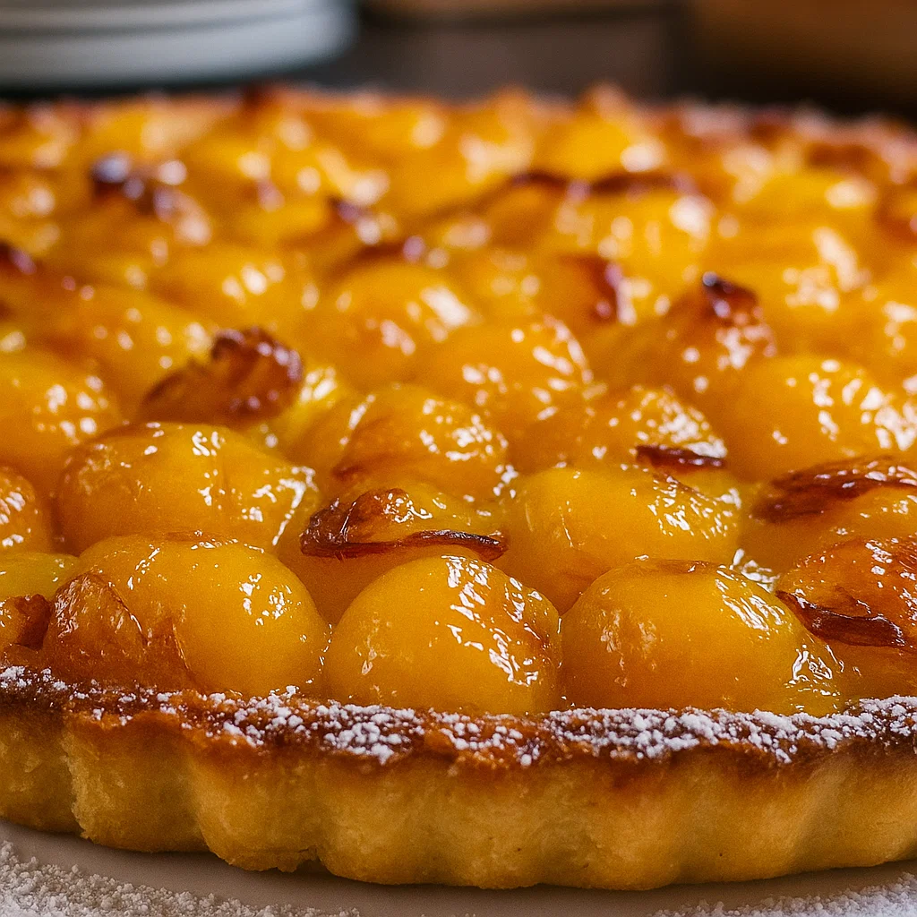 A visual guide of ingredients for Tarte aux Mirabelles, presented in a flat lay style on a dark background.