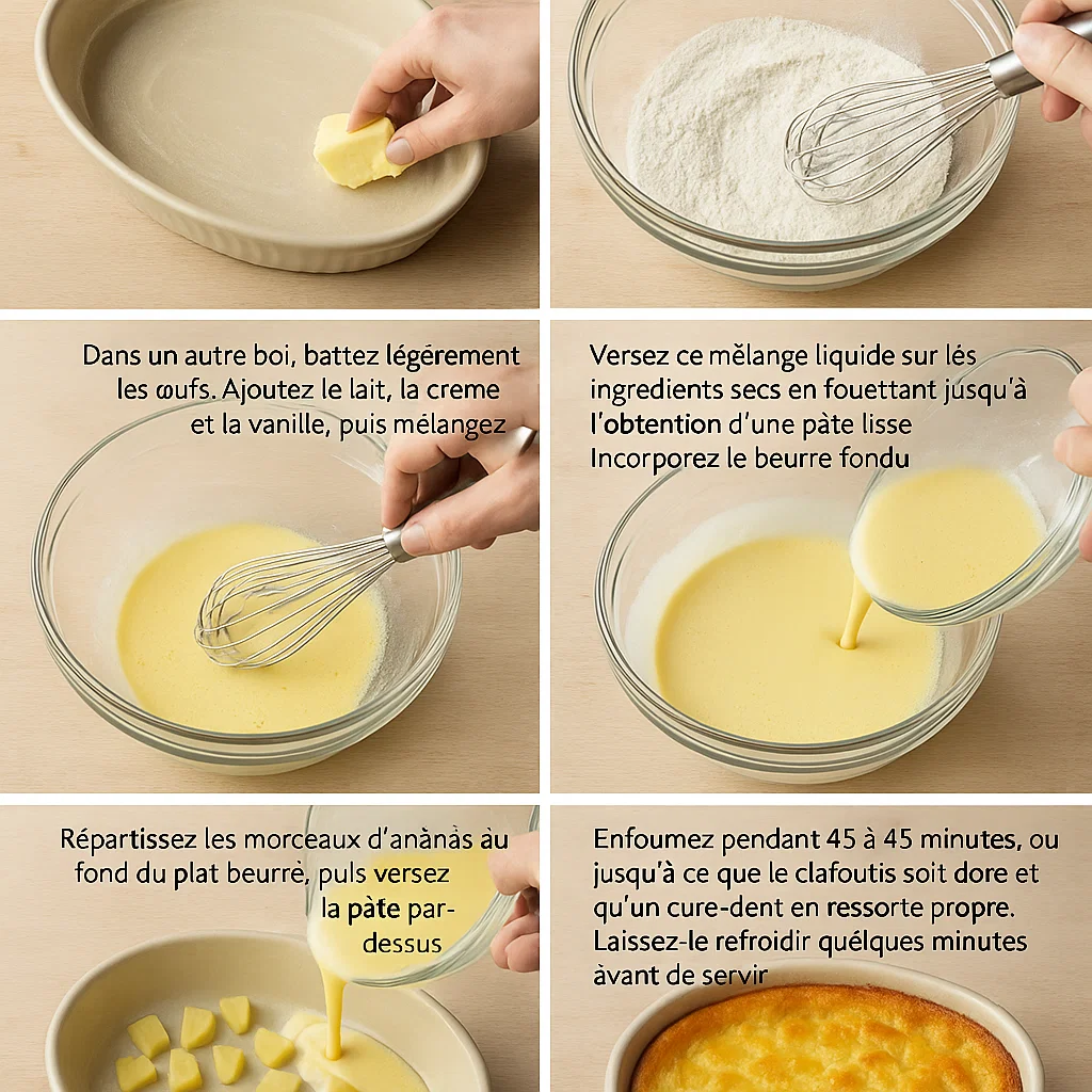 Clafoutis Ananas à la Vanille 2 Vue de dessus des ingrédients du Clafoutis Ananas à la Vanille : ananas frais, œufs, sucre, farine, lait, crème et une gousse de vanille.