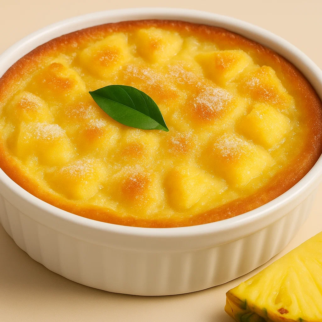 Clafoutis Ananas à la Vanille 4 Clafoutis Ananas à la Vanille doré, tout juste sorti du four, servi dans un plat en céramique rustique sur une table en bois.