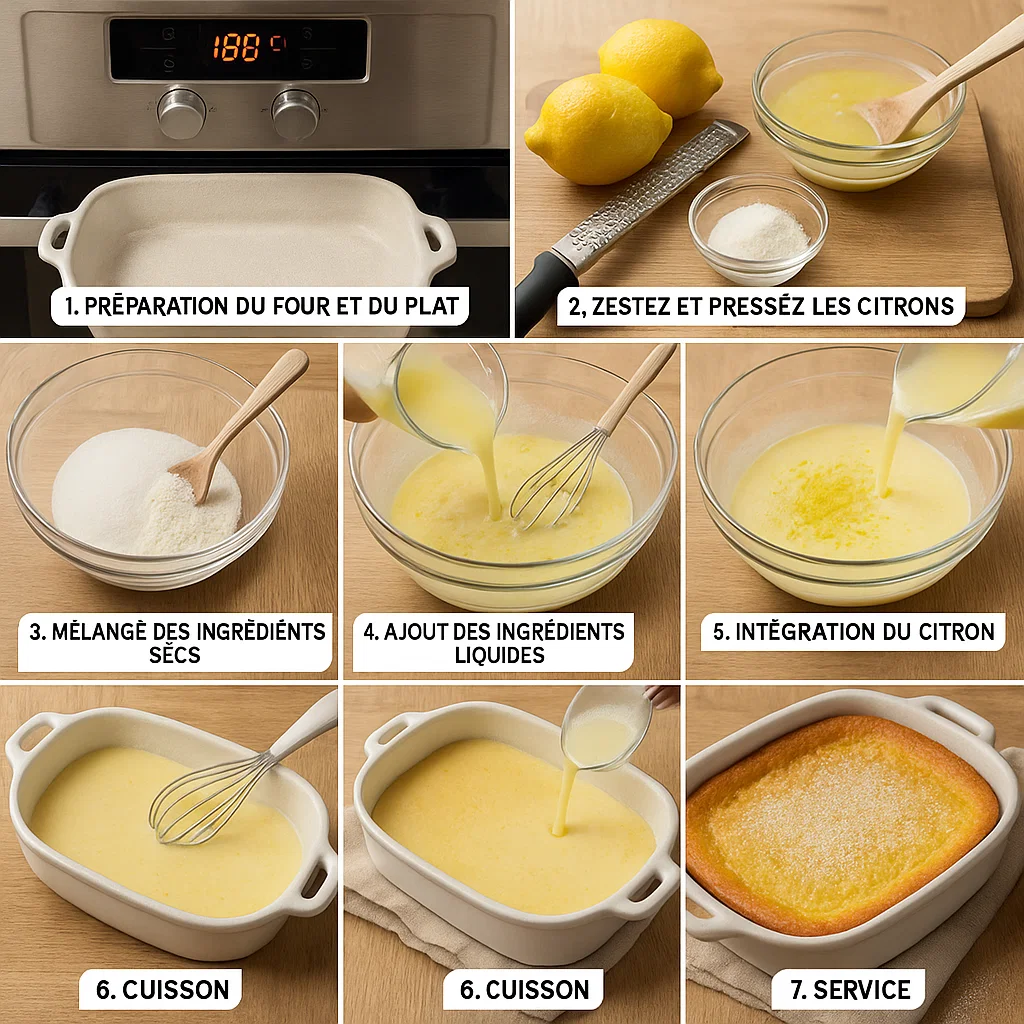 Un plat de clafoutis citronné qui sort du four, légèrement doré, sur un fond de cuisine chaleureuse.