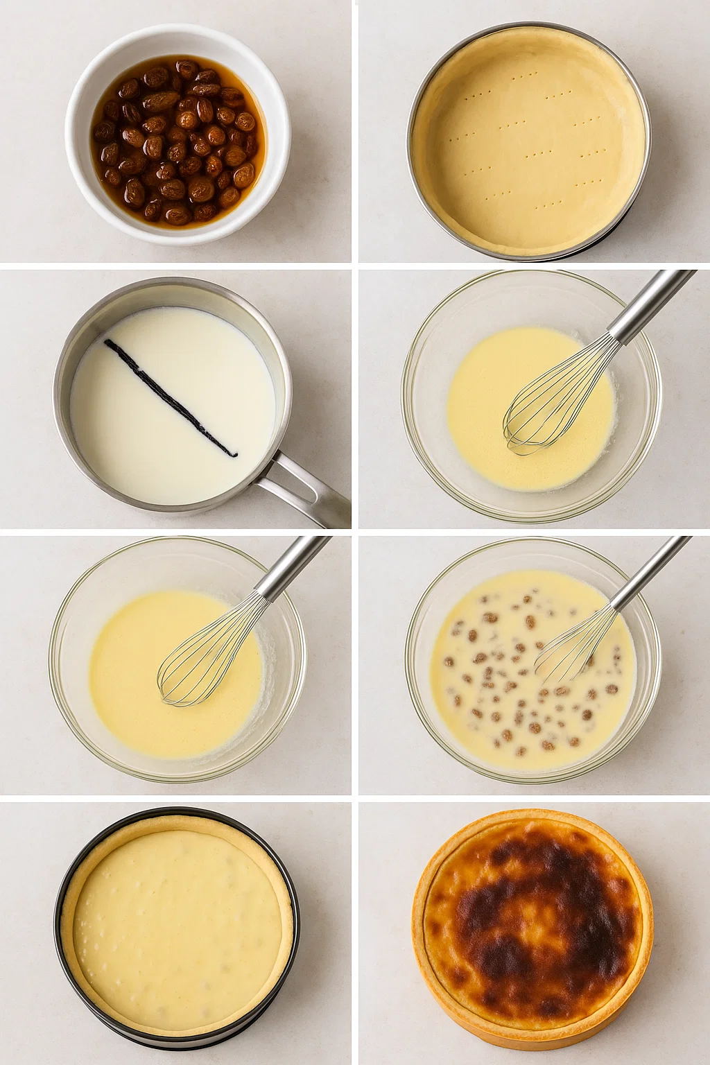 Flan Pâtissier au Rhum et Raisins 1 Une part de Flan Pâtissier au Rhum et Raisins, bien ferme et froide, avec les raisins secs visibles et une belle coloration caramélisée sur le dessus.
