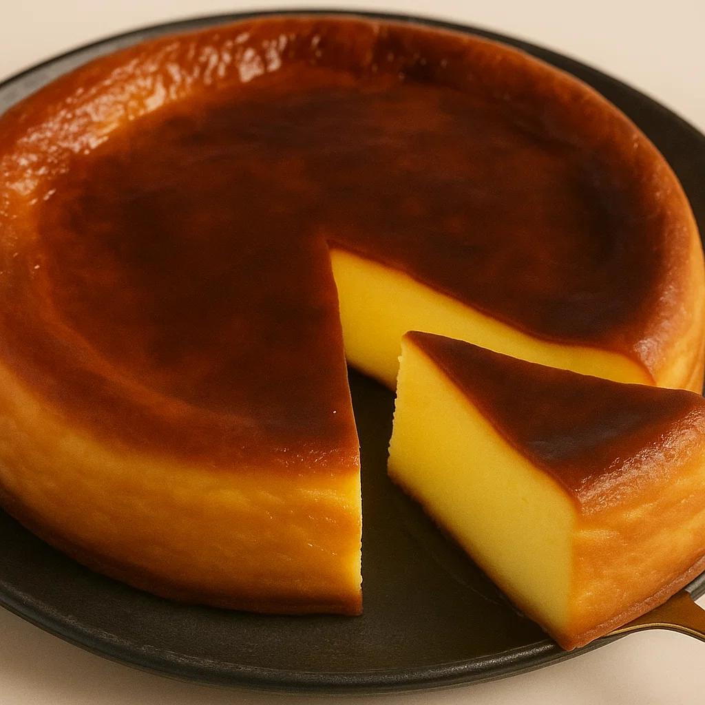 Flan au Mascarpone démoulé, avec une sauce au caramel brillante qui coule sur les côtés.