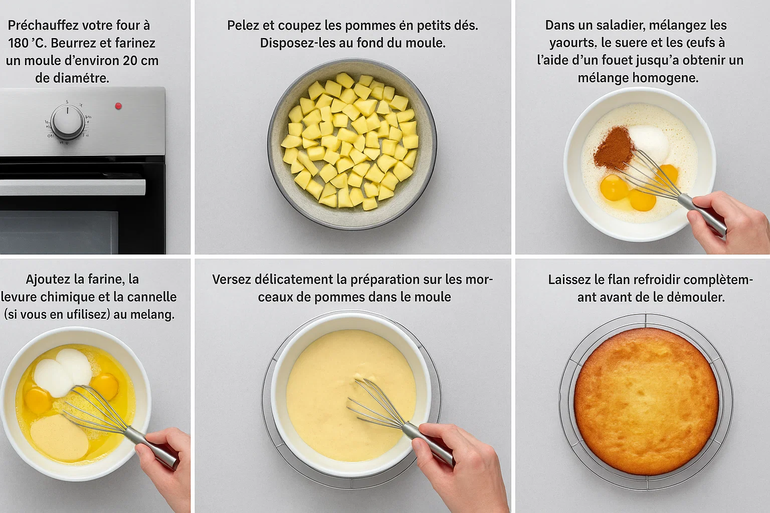 Flan aux Pommes et Yaourt 1 Main versant la préparation liquide du flan sur les morceaux de pommes déjà disposés dans le moule.