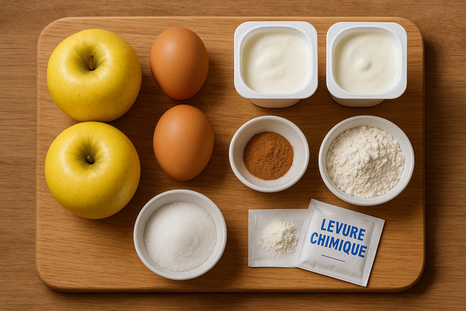 Flan aux Pommes et Yaourt 2 Ingrédients du flan aux pommes et yaourt : yaourts, œufs, sucre, farine, levure et pommes disposés sur une planche à découper.