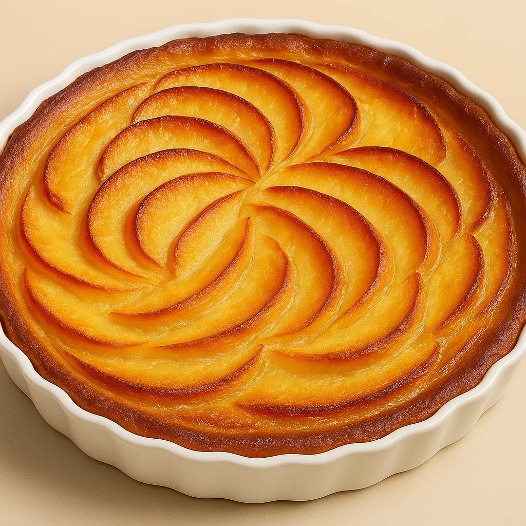 Flan aux Pommes et Yaourt 3 Part de flan aux pommes et yaourt coupée, montrant la texture crémeuse et onctueuse avec les morceaux de pommes.
