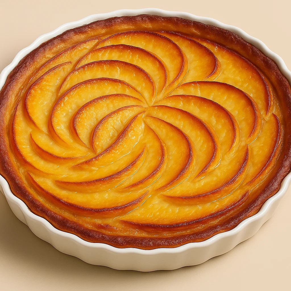 Flan aux pommes et yaourt entier, posé sur une plaque de cuisson, avec une texture dorée et ferme.