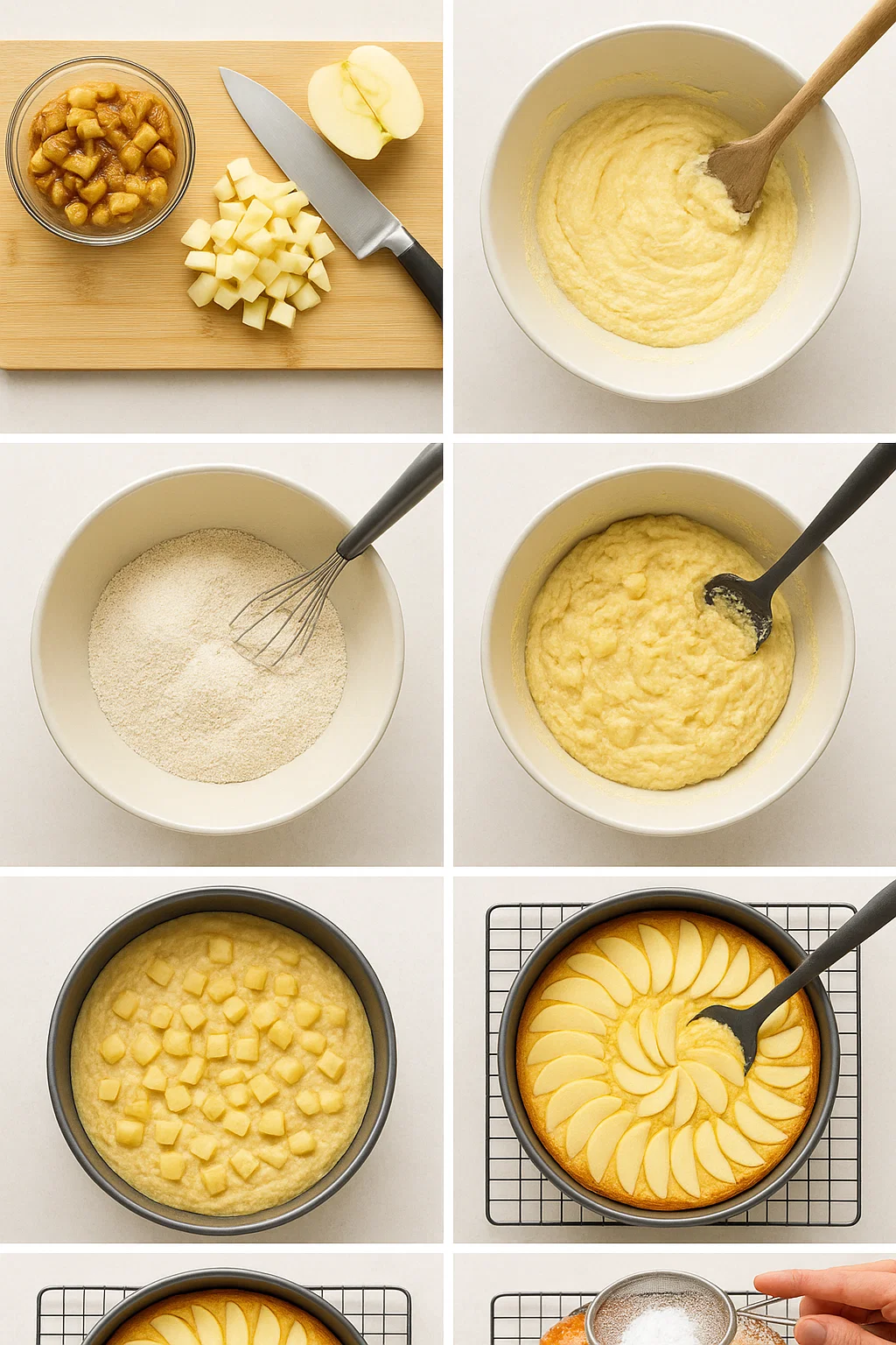 Gâteau moelleux amandes pommes 4 Une part de Gâteau moelleux amandes pommes saupoudrée de sucre glace, servie sur une assiette avec une fourchette.