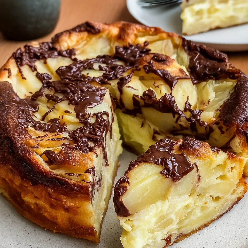 Ingrédients essentiels pour Le Clafoutis Pommes & Chocolat : pommes, pépites de chocolat, œufs, lait, farine et sucre.