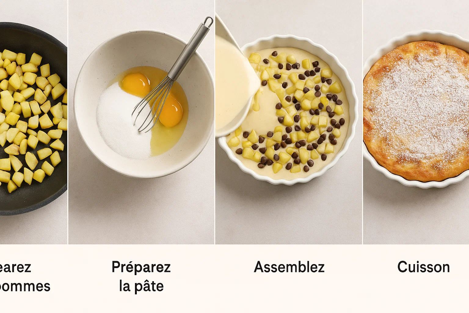 Le Clafoutis Pommes & Chocolat 4 Part de Clafoutis Pommes & Chocolat tiède servie sur une assiette, saupoudrée de sucre glace.