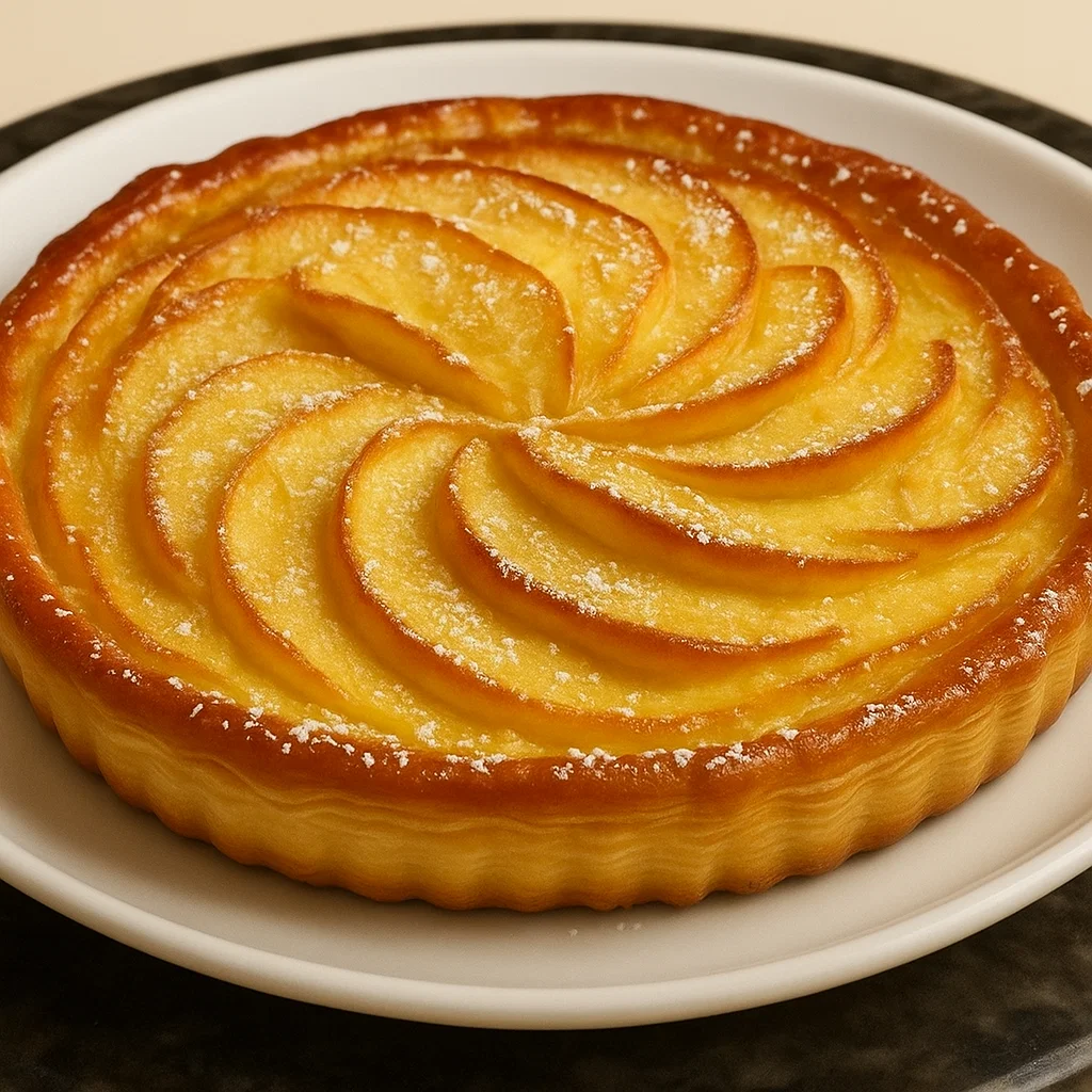 Tarte Fine Pommes Yaourt Vanillé 2 Tarte Fine Pommes Yaourt Vanillé Une tarte fine aux pommes et yaourt vanillé, fraîchement cuite, posée sur une planche en bois, avec des tranches de pommes disposées en cercle et une généreuse garniture de yaourt blanc.