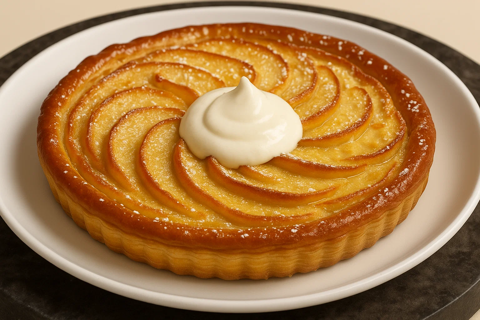 Tarte Fine Pommes Yaourt Vanillé 3 Tarte Fine Pommes Yaourt Vanillé Des tranches de pommes sont en train d'être disposées sur une feuille de pâte feuilletée crue, avec une bordure visible.