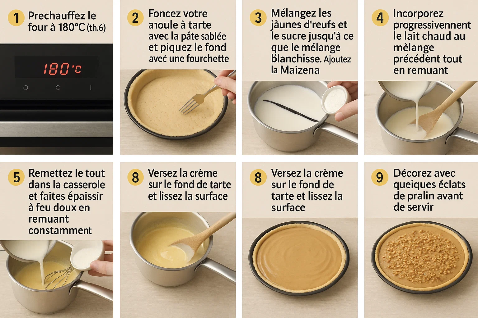 Tarte Vanill et Praliné 4 Une Tarte Vanille et Praliné entière, fraîchement préparée, avec un mélange de crème et de praliné, sur une grille de refroidissement.