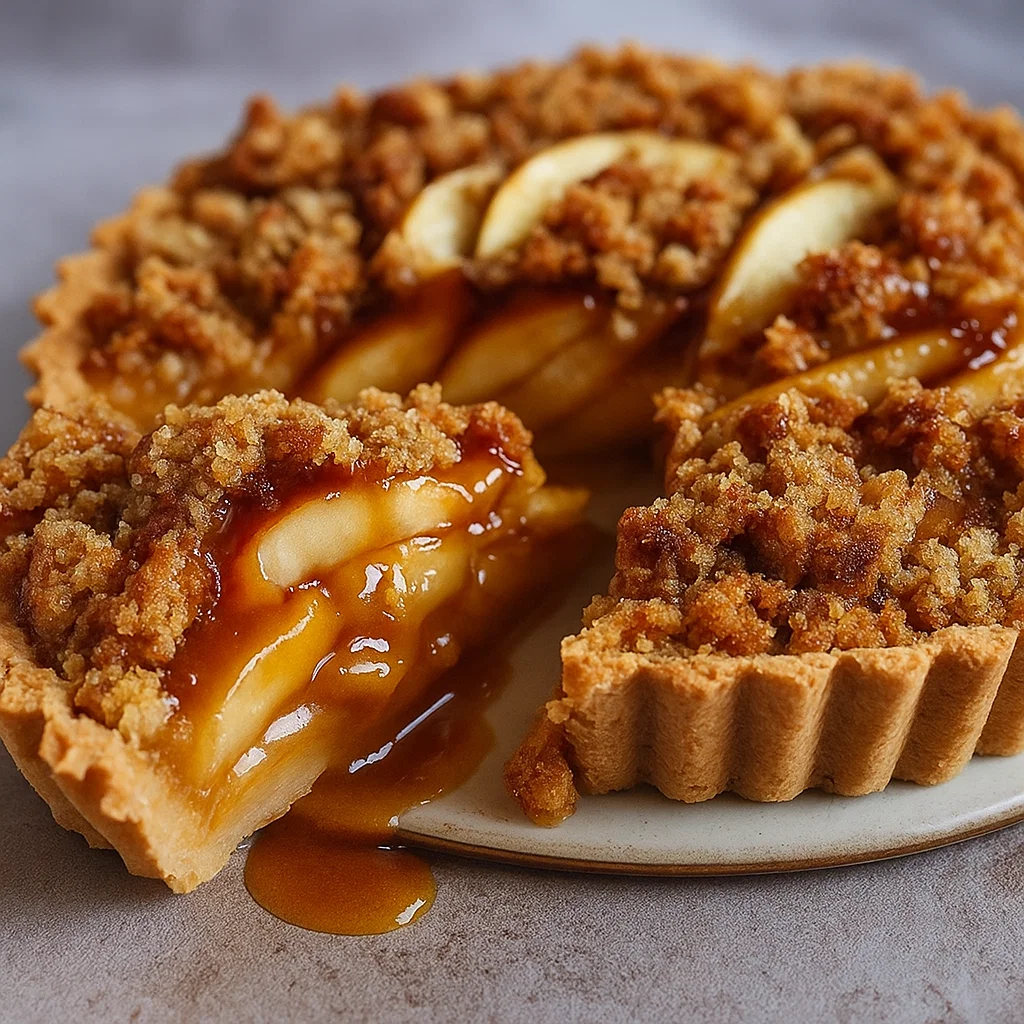 Ingrédients pour la Tarte aux Pommes Crumble : des pommes, de la farine, des dés de beurre froid, de la cassonade et un bâton de cannelle.
